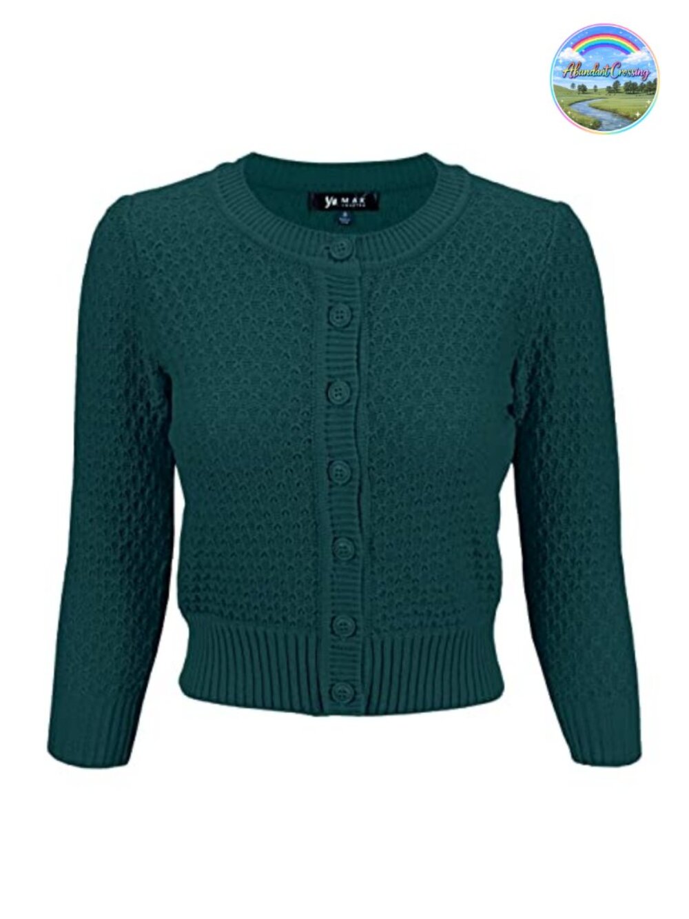 Women's 3/4 Sleeve Cropped Crewneck Cardigan 100% Cotton Crochet Knit Sweater
